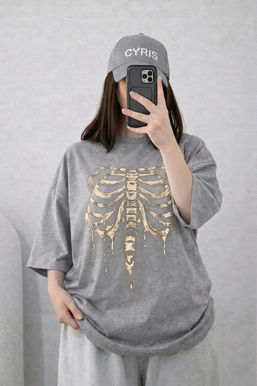 Oversized Drop Shoulder Graphic T-Shirt – Grey Skeleton Print