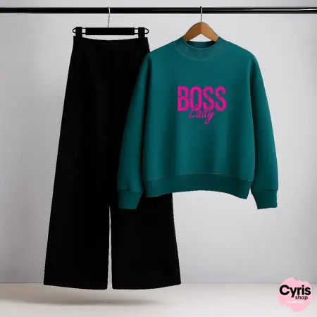 Boss Lady Teal Sweatshirt & Black Trouser Set