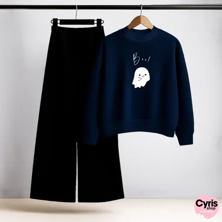Ghost Print Navy Sweatshirt & Black Trouser Set