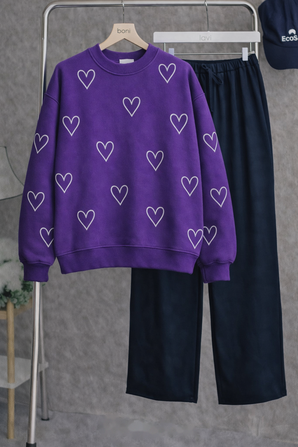 Heart Print Fleece Sweatshirt – Purple