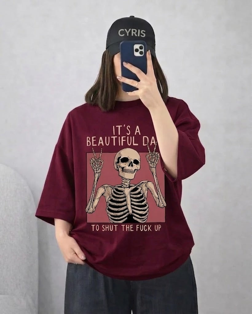 Burgundy Skeleton Quote Drop Shoulder T-Shirt – Oversized Streetwear Tee