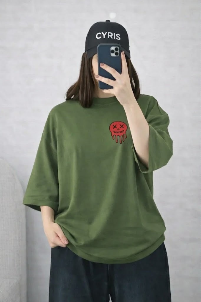 Oversized Drop Shoulder Graphic T-Shirt – Olive Green Smiley Drip Print