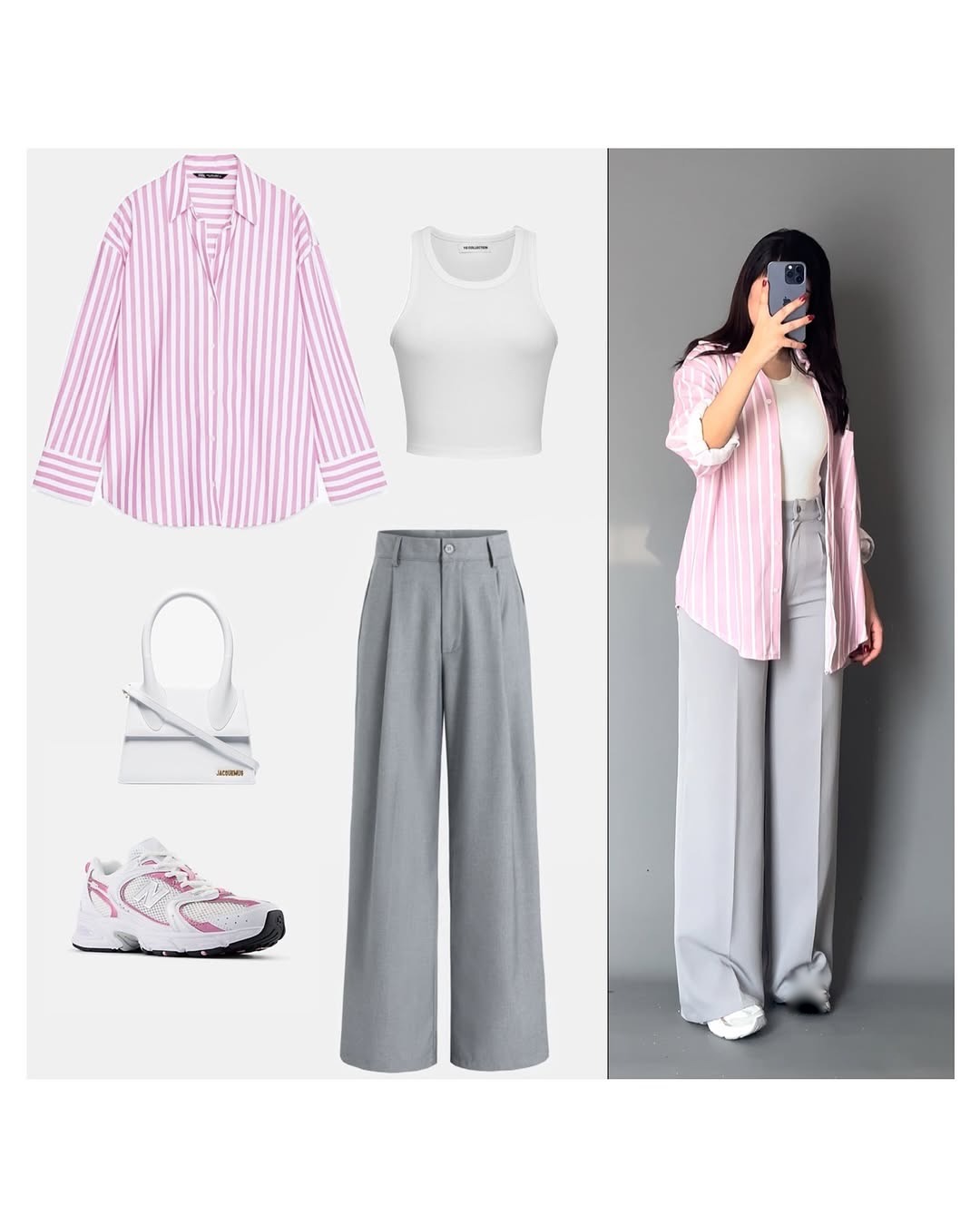 Pink Button-Down Shirt, White Crop Top & Grey Wide-Leg Pants – Soft Chic Co-Ord Set