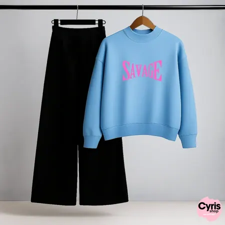 Savage Print Sky Blue Sweatshirt & Black Trouser Set