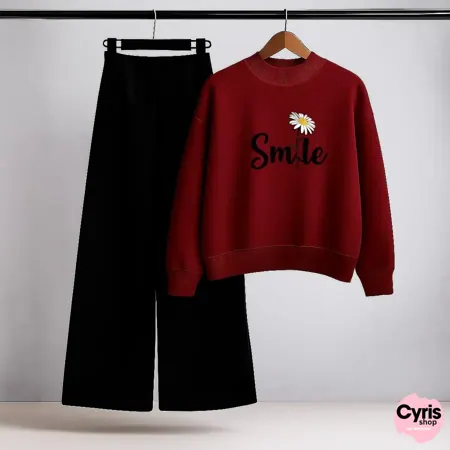 Smile’ Floral Script Red Sweatshirt & Black Trouser Combo