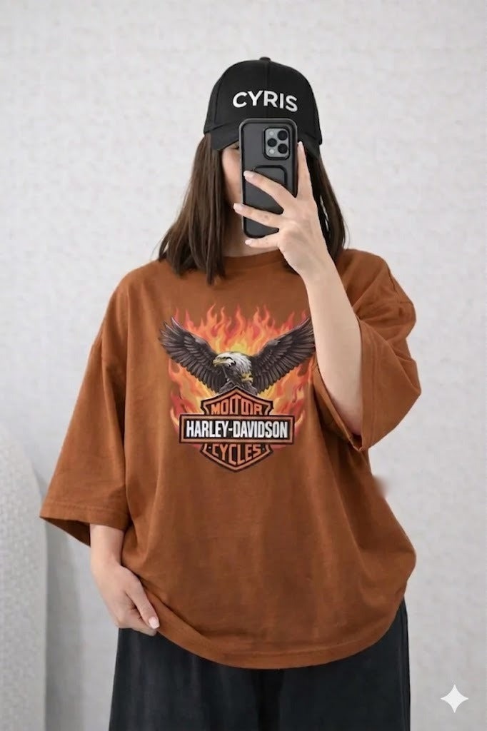 Vintage Brown Flame Graphic Drop Shoulder T-Shirt – Loose Fit Casual Tee